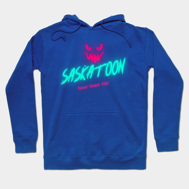 Neon Pink Glow Jack O'Lantern Saskatoon in Anaglyph Style Hoodie by Stooned in Stoon